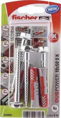 A retail package of Fischer DUOPOWER wall plugs and screws.