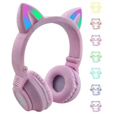 A pair of pink cat-ear headphones with RGB lighting, shown against a white background. To the right of the headphones, there are several small, colorful illustrations of cats.