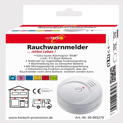 The image shows the retail packaging of a smoke detector.