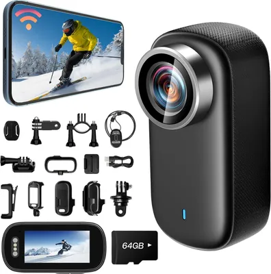 Produktbild von Mini-Action-Kamera mit WLAN und Display, 4K UHD-Auflösung und 150° Weitwinkel, wasserdichtes (IP65) Gehäuse, 4K, 64GB Speicher, tragbare, vibrationsresistente Helmkamera für Motorräder