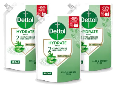 Imagen del producto de 3 unidades de recambio de jabón líquido para manos Dettol, hidratante, con aloe vera y bambú, 500 ml. Paquete económico