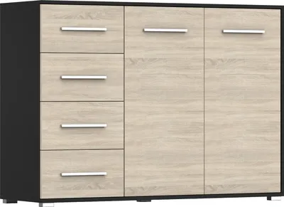 Produktbild von 2er-Set Schwebetürenschrank Schrank Kleiderschrank mit Spiegel Schwarz/Sonoma Eiche 120cm Neomi 05 mit Kommode 135cm FRIDA 01
