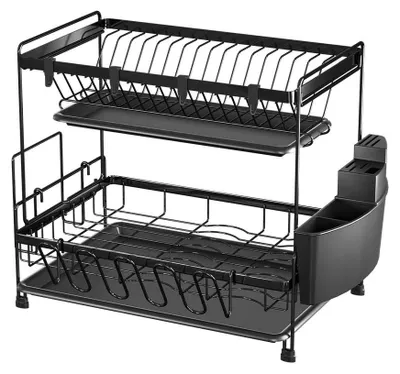 Image de Étagère à vaisselle, design à 2 niveaux, système de supports réglable, noire, 2 niveaux