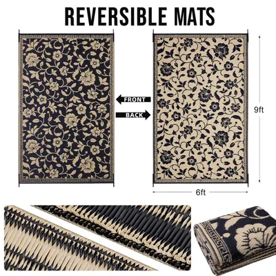 Immagine prodotto di Tappeto da esterno, motivo floreale, resistente alle intemperie, 180x270 cm, nero e beige
