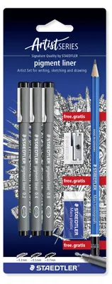 Produktbild von STAEDTLER pigment liner 308 Fineliner Blisterkarte mit 3 Linienbreiten und Radierer, Spitzer und Bleistift