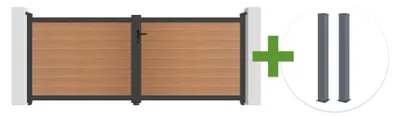 Produktbild von ATHOS 3,5 m H. 140 cm Schwingtor aus Teak-Verbundholz mit Aluminiumrahmen + 2 Aluminiumpfosten 20x20 cm