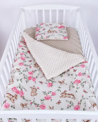 Produktbild von Babylux Babydecke 75x100 cm mit Kissen 30x35 cm – Kuscheldecke aus Minky & Baumwolle – Krabbeldecke für Kinderwagen K140 - Zauberhafte Rosenhüpfer