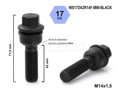 Obrázok produktu pre Skrutka kolesa M14x1,5x42 guľa R14 pohyblivá, kľúč 17, WS17D42R14F-MW-BLACK, výška 71,5 mm, čierna