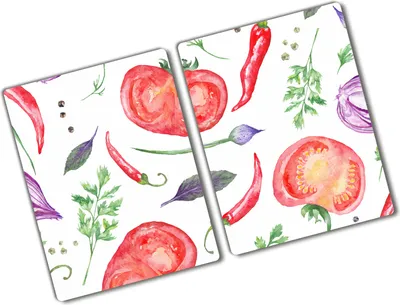 Produktbild von Tulup Glas Herdabdeckplatte - 2x40x52 cm - Glaskeramikkochfeld-Abdeckung Spritzschutz Glasabdeckplatte Kochplattenabdeckung und Schneidebrett - Zweiteilig - Essen & Getränke - Tomaten und Gewürze - Rot