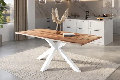 Produktbild von Refurbished Möbelretoure Baumkantentisch Akazie natur mit schwarzen Resin-Adern 220 x 100 cm Spider-Gestell weiß POLLY