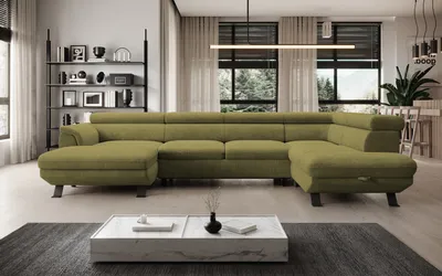 Zdjęcie produktu dla DomoHome ECKSOFA RAVEN XL - Narożnik z funkcją spania z wysuwanym łóżkiem, regulowane zagłówki, pojemnik na pościel, duża sofa 334x198x162 cm prawa strona Mostaza