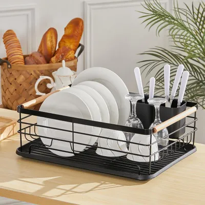 Produktbild von Livingandhome Geschirrabtropfgestell, Metall Geschirrständer Abtropfgestell mit Holzgriff Besteckhalter Auffangschale, Schwarz