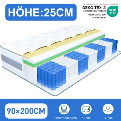 Produktbild von Matratze 90x200 25 cm Integrierter Topper  Matratze 7 zonen Taschenfederkernmatratze H3/H4