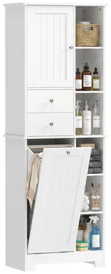 Image de Armoire de salle de bain - Meuble étroit et haut avec panier à linge - 6 compartiments ouverts - 2 tiroirs - Porte avec système de fermeture douce - 60 x 28,8 x 171 cm - Blanc
