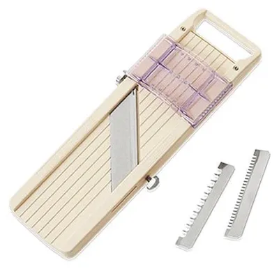 A Japanese mandoline slicer with two interchangeable blades is shown against a white background.