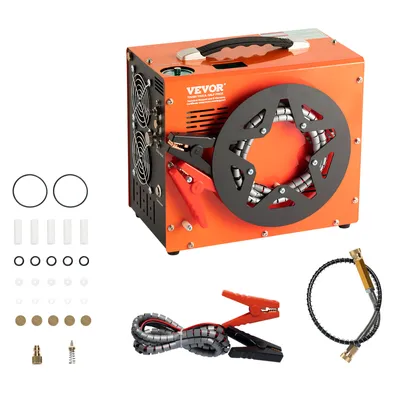 A product shot of a VEVOR PCP compressor and its accessories on a white background.
