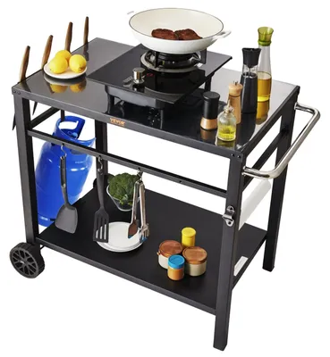 Obrázok produktu pre VEVOR Servírovací vozík Kuchynský vozík 100 x 64 x 83,5 cm Vonkajší grilovací jedálenský vozík s dvojitou policou, mobilný grilovací stôl na prípravu jedla, multifunkčný železný stôl Čierna farba
