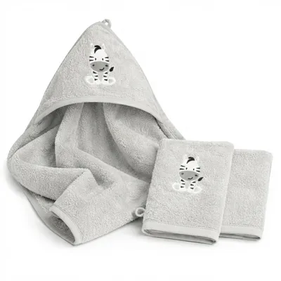 Produktbild von Baby Kapuzenhandtuch Set mit 2 Waschlappen. Baby Handtuch 80x80cm aus 100% Baumwolle -  Mit süßem Tiermotiv bestickt - Grau