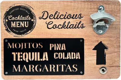 Produktbild von Flasenöffner – Wandflaschenöffner aus Holz – Metallischer Flaschenöffner mit magnetischem Kronkorkenhalter (Delicious Cocktails)
