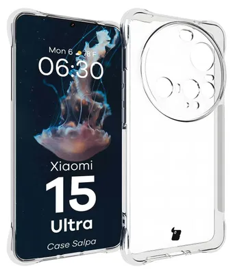 A transparent phone case is shown next to a smartphone displaying a jellyfish wallpaper and product information.