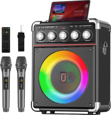Obrázek produktu pro Karaoke stroj, přenosný reproduktor, bezdrátový mikrofon, černý