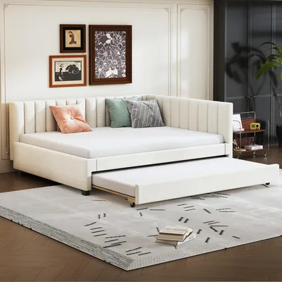 Immagine prodotto di Letto imbottito Sweiko 140x200, divano letto allungabile, letto multifunzionale con rete a doghe, letti per ragazzi letti per bambini letti per ospiti, tessuto velluto beige