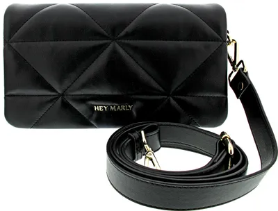 A black quilted handbag with a gold logo and a detachable strap.