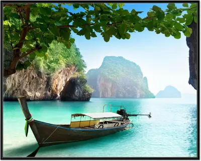 Produktbild von Wallario Wandbild Fischerboot in Thailand  blaues Meer und Steinfelsen, Größe: 40,30 x 50,30 cm, Poster mit schwarzem Aluminiumrahmen