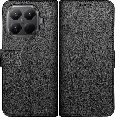 A black flip phone case shown from the front and back.
