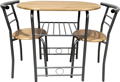 A dining set with a table and two chairs, presented against a white background.