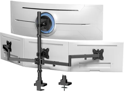 Produktbild von Monitor Halterung für 4 Monitore mit 49 Zoll Ultrawide oben und 3 Bildschirmen unten höhenverstellbar VESA 75 100