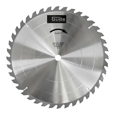 A circular saw blade with teeth, a central hole, and branding and specifications printed on its surface, isolated on a white background.