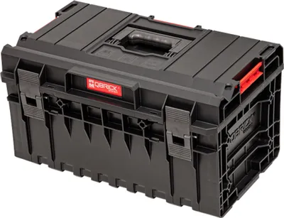 A black Qbrick One 350 Basic toolbox with red accents is shown from a slightly elevated front-left angle on a white background.