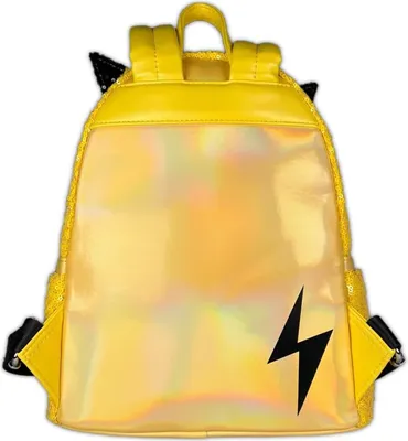 The back of a yellow Pikachu-themed backpack with iridescent accents and a lightning bolt.