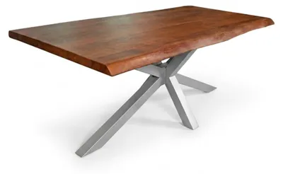 Produktbild von Esstisch 200 x 100 cm Cali, Baumkantentisch nussbaumfarben, Akazienholz massiv, Spider-Gestell aus Metall Silber, aufgedoppelte Kanten 25+25 mm