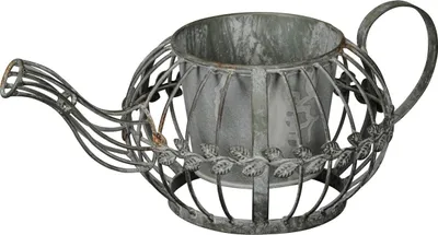 Produktbild von Pflanztopf Teekannen-Form Metall in nostalgischem Grau-Braun witterungsbeständig 35x20x14 cm