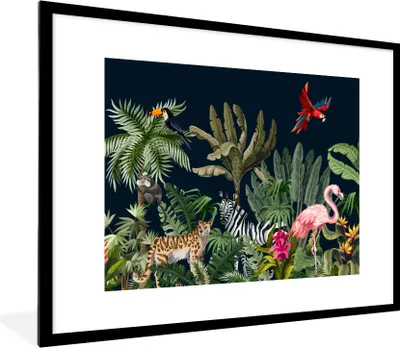 Produktbild von MuchoWow® Gerahmtes Poster Dschungel - Pflanzen - Tiere - Kinder - Flamingo - Zebra 80x60 cm - Poster mit Schwarzem Bilderrahmen Wandposter Rahmen Foto Bilder - Schlafzimmer-Dekorationen - Fotoposter