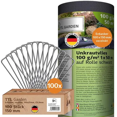 Produktbild von TTL GARDEN Unkrautvlies Set 50m² 1x50m 100g/m² + 100 Erdanker schwarz