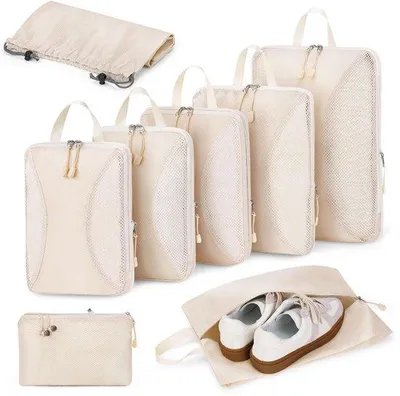 Productafbeelding van Ibenzoa® 8-delige reisset met opbergzakken, beige – Compressie- en organizerset met 5 compressiezakken, een schoenenzak, een zak met trekkoord en een tas met rits, polyester