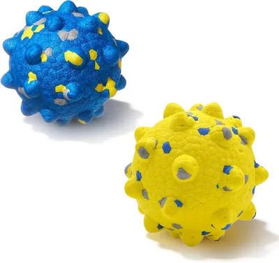 Produktbild von Hundeball 8,5 cm, 2er-Set, E-TPU, schwimmfähig, für Apportierspiel, blau und gelb