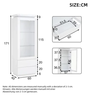 Immagine prodotto di Mobile vetrina - Mobile espositivo - Mobile alto per soggiorno - 60x40x171 cm - Finitura lucida - Ante in vetro con illuminazione a LED - 2 cassetti - Vetrina autoportante