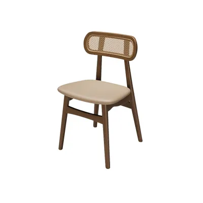 Produktbild von Holzstuhl mit geflochtenem Rattan-Rückenlehne und Kunstleder-Sitzkissen, moderner Esszimmerstuhl 47x48x75cm