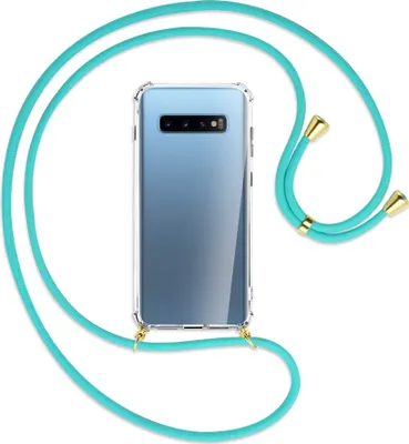 Produktbild von Handykette Backcover-Schutzhülle mit Band (Metall goldfarben) für Samsung Galaxy S10+ / S10 Plus - türkis