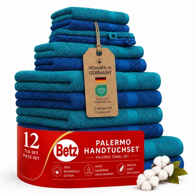 Produktbild von Betz 12-TLG. Handtuch-Set Palermo 100% Baumwolle 2 Liegetücher 4 Handtücher 2 Gästetücher 2 Seiftücher 2 Waschhandschuhe Farbe blau und Petrol