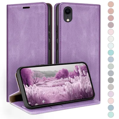 Produktbild von HUOUH für iPhone XR 6.1" Hülle mit RFID Schutzhülle aus Lederhülle Handyhülle,360 Grad Schutz Case,Kartenfach Leder ständer Handy hülle für Apple XR Klapphülle Wallet Cover Flieder Lila