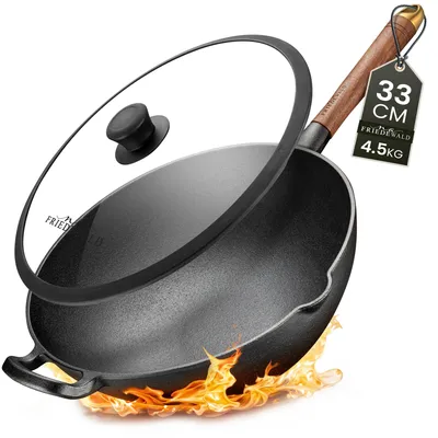 Gusseisen-Wok mit Deckel, 33 cm, 5 L, für 4–6 Pers., Antihaftbeschichtung