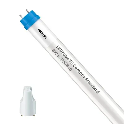 A single LED tube light with a blue cap and white body, presented on a white background. A small white cap accessory is shown separately in the bottom left corner.