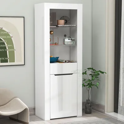 Produktbild von Merax Standvitrine LED Hochglanz mit Regal, Bücherschrank mit Schublade, Weiß