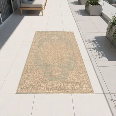 Produktbild von Teppich Grün Braun Ornamentmuster für Innen und Außen Größe - 60 x 180 cm