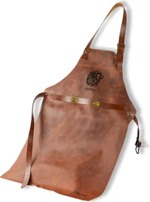 A brown leather apron is shown against a white background.